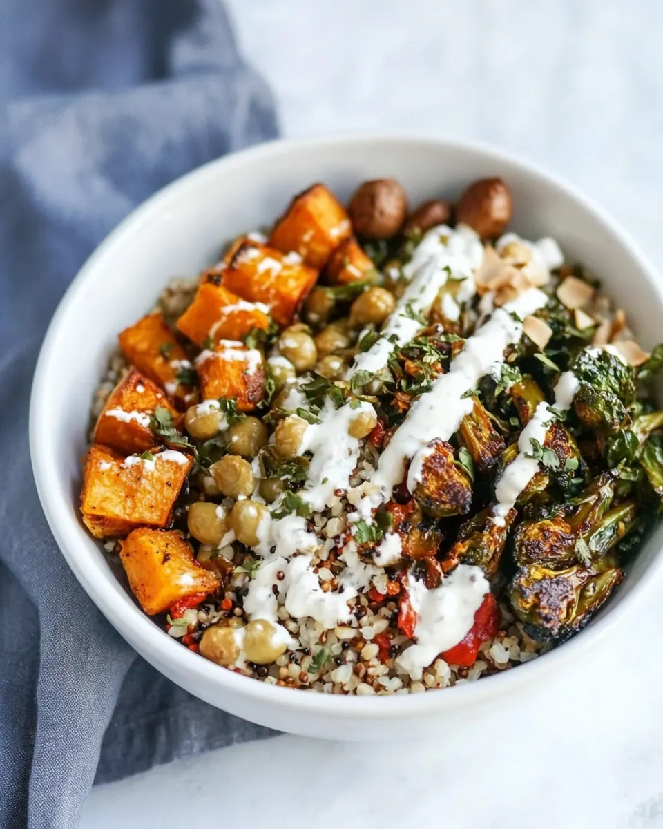 Grain Bowls with Maple Chipotle Brussels and Coconut Roasted Sweet Potatoes