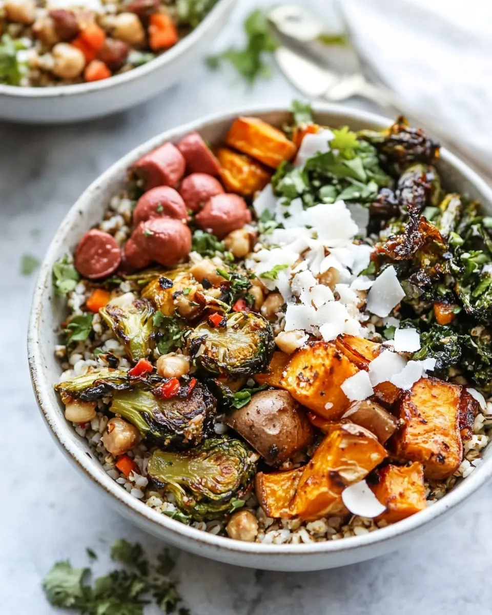 Grain Bowls with Maple Chipotle Brussels and Coconut Roasted Sweet Potatoes