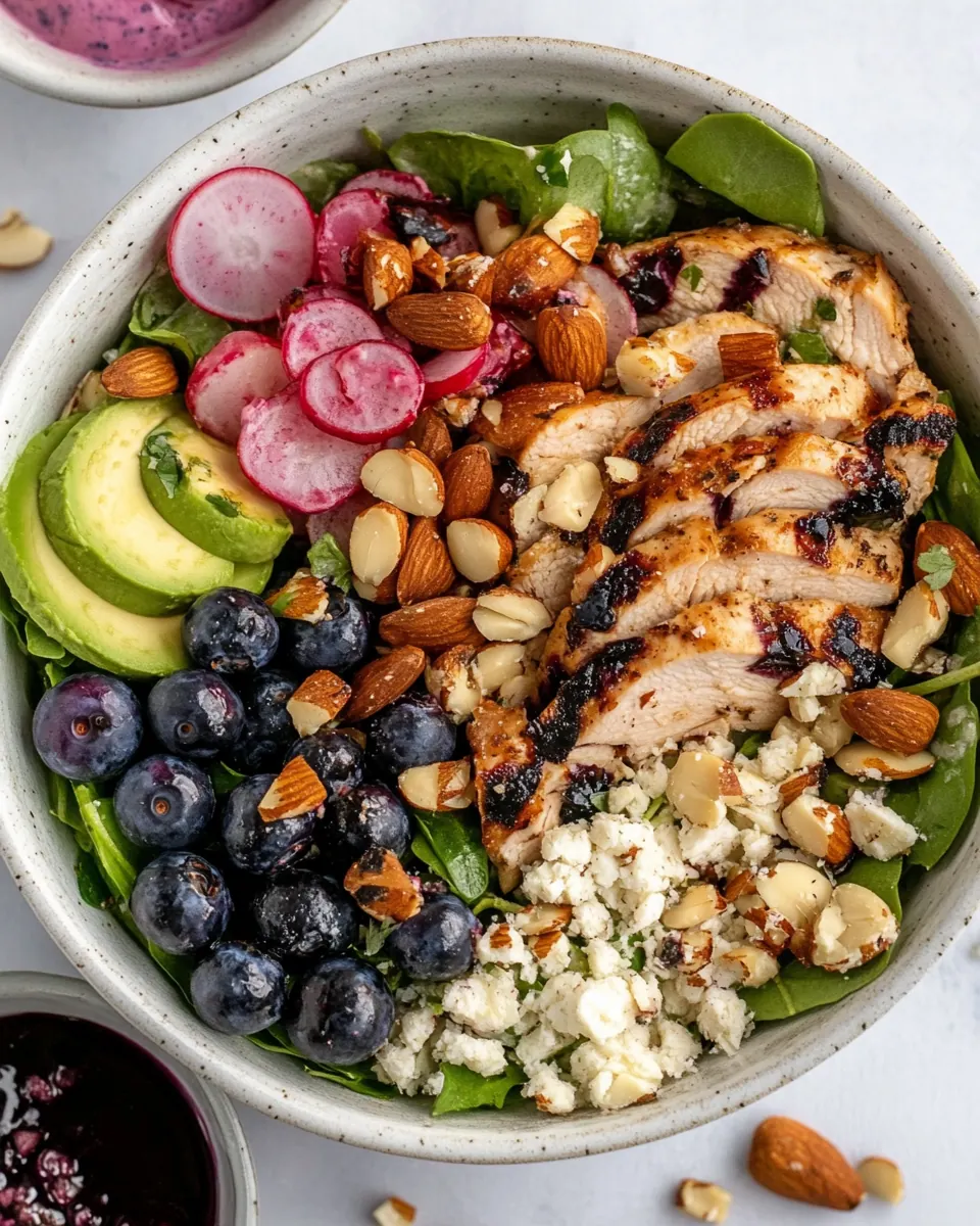 Grilled Chicken Blueberry Salad with Herb Sugared Marcona Almonds