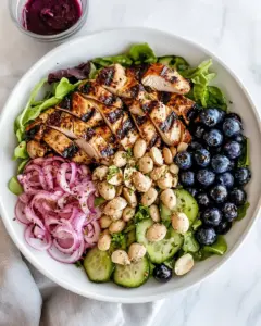 Grilled Chicken Blueberry Salad with Herb Sugared Marcona Almonds