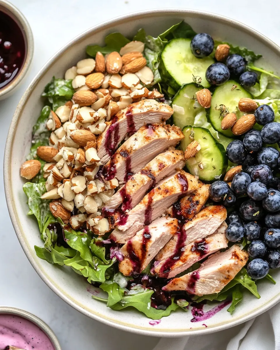 Grilled Chicken Blueberry Salad with Herb Sugared Marcona Almonds