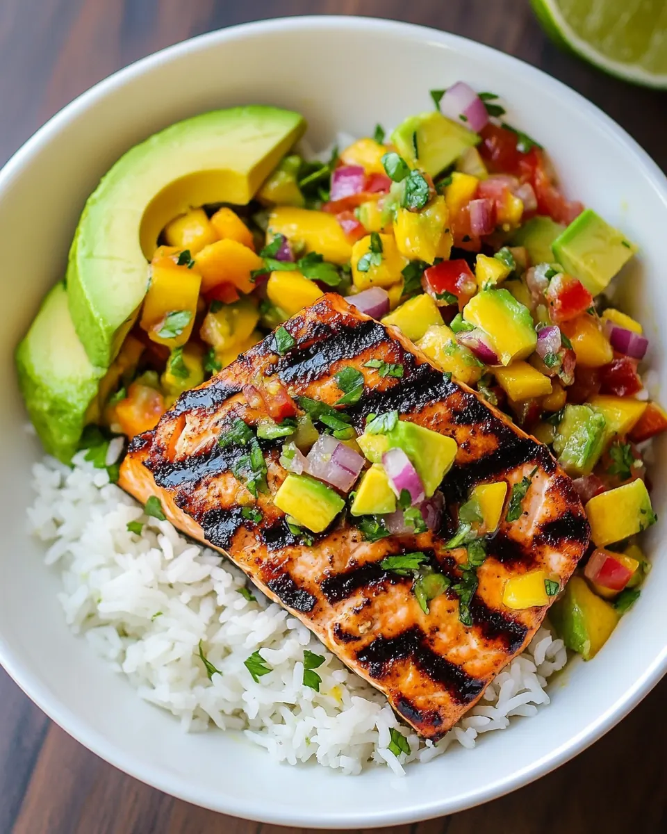 Grilled Lime Salmon with Avocado Mango Salsa and Coconut Rice