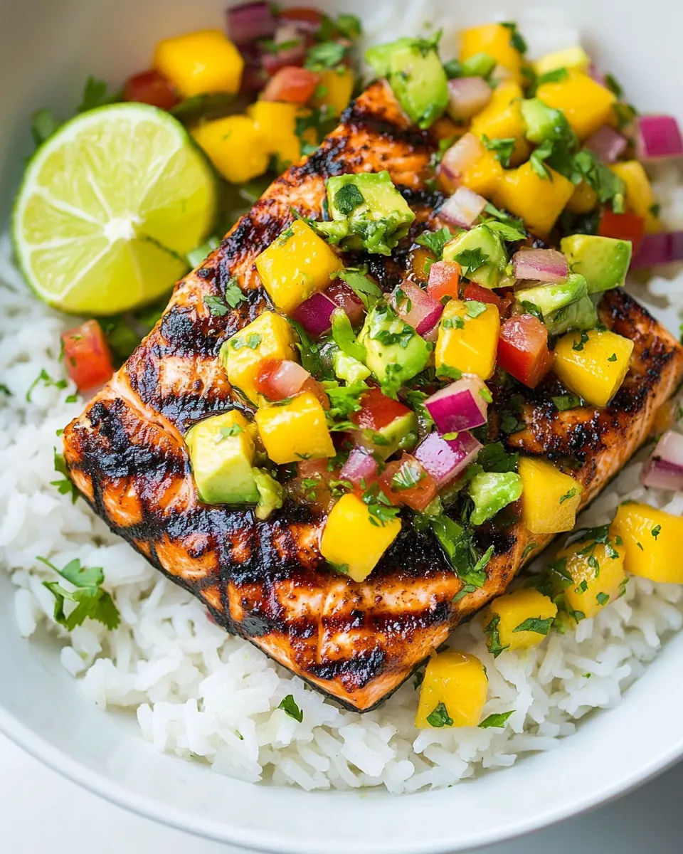 Grilled Lime Salmon with Avocado Mango Salsa and Coconut Rice