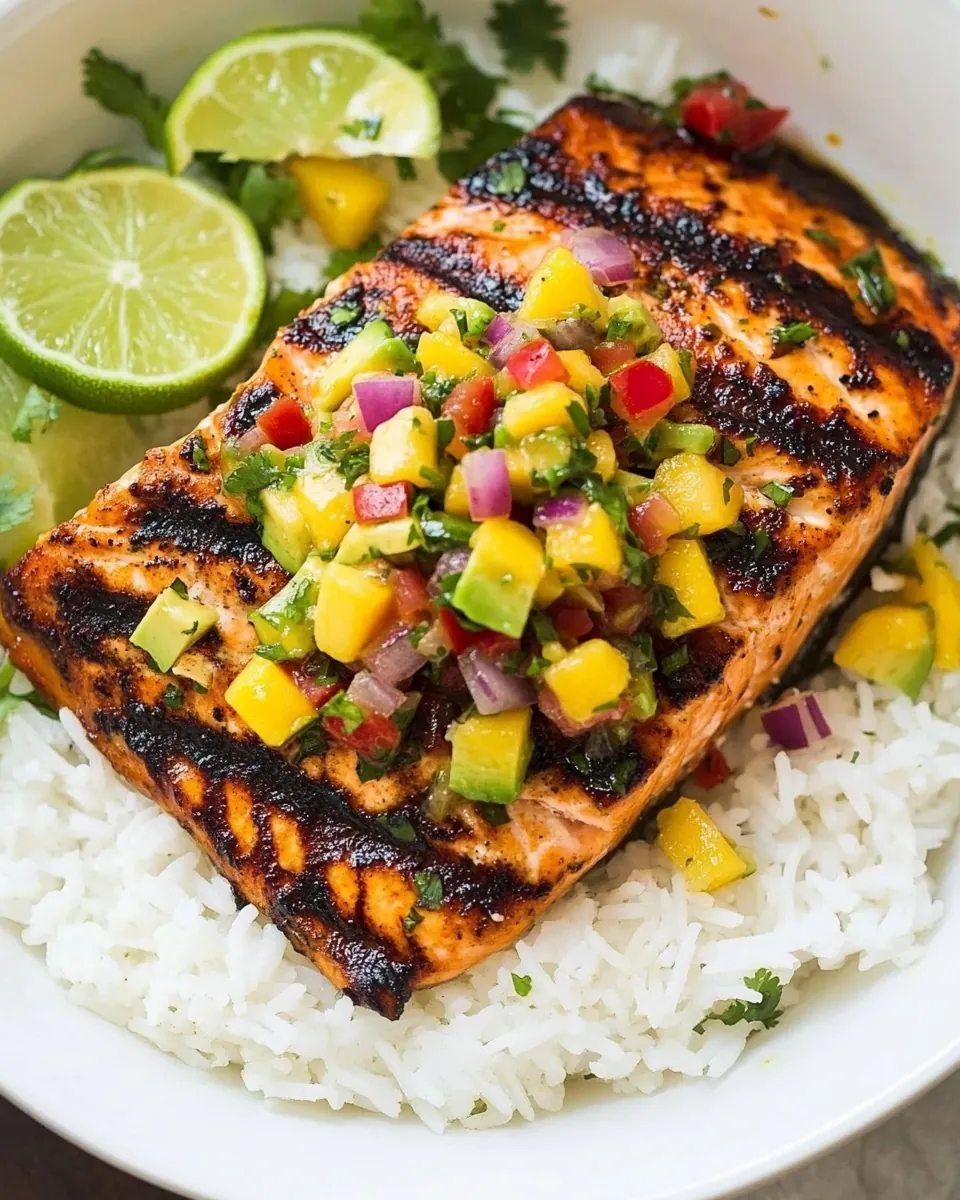 Grilled Lime Salmon with Avocado Mango Salsa and Coconut Rice