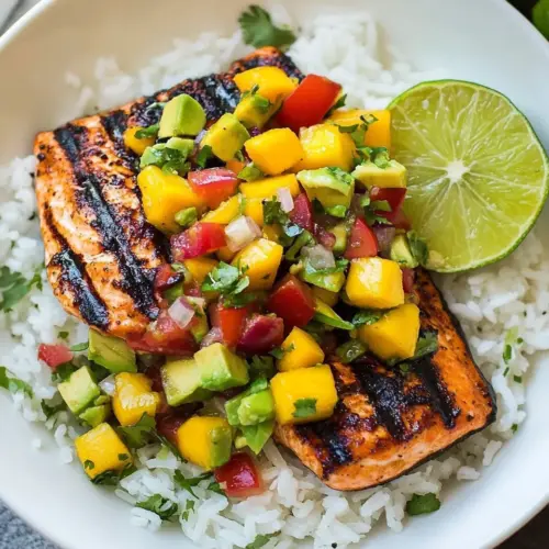 Grilled Lime Salmon with Avocado Mango Salsa and Coconut Rice