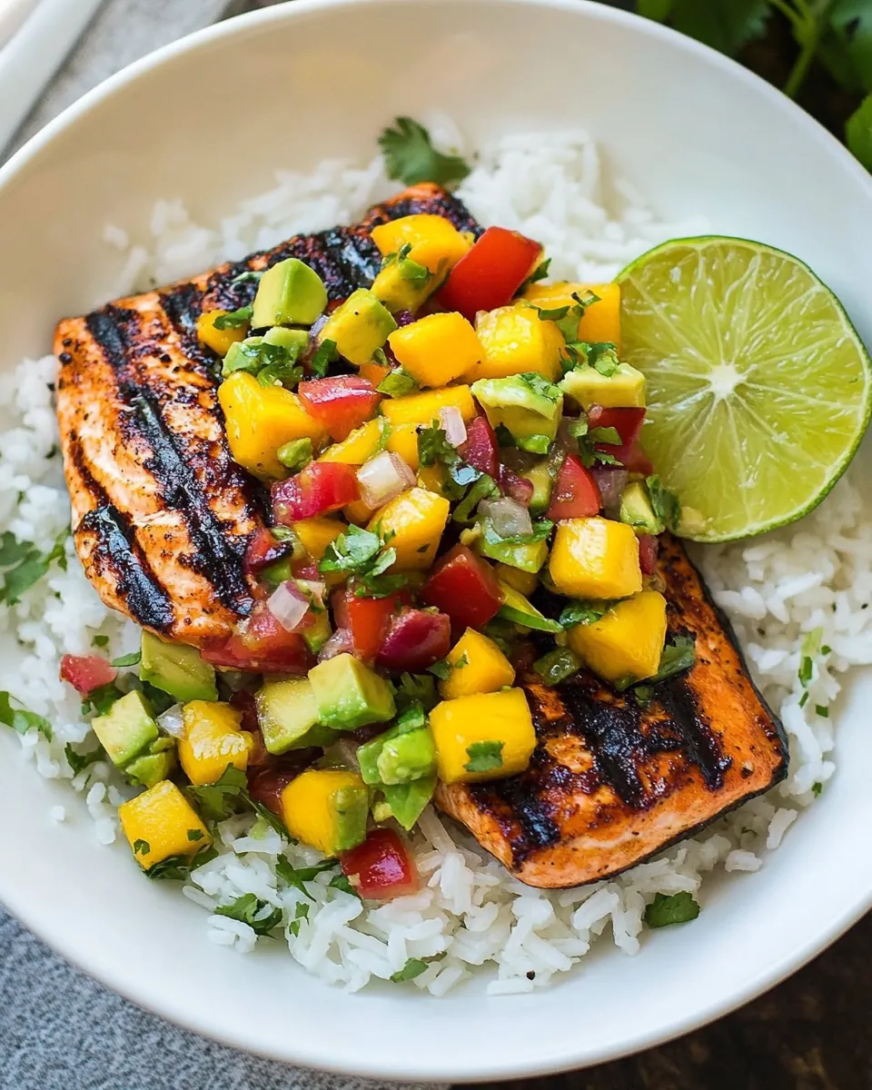 Grilled Lime Salmon with Avocado Mango Salsa and Coconut Rice