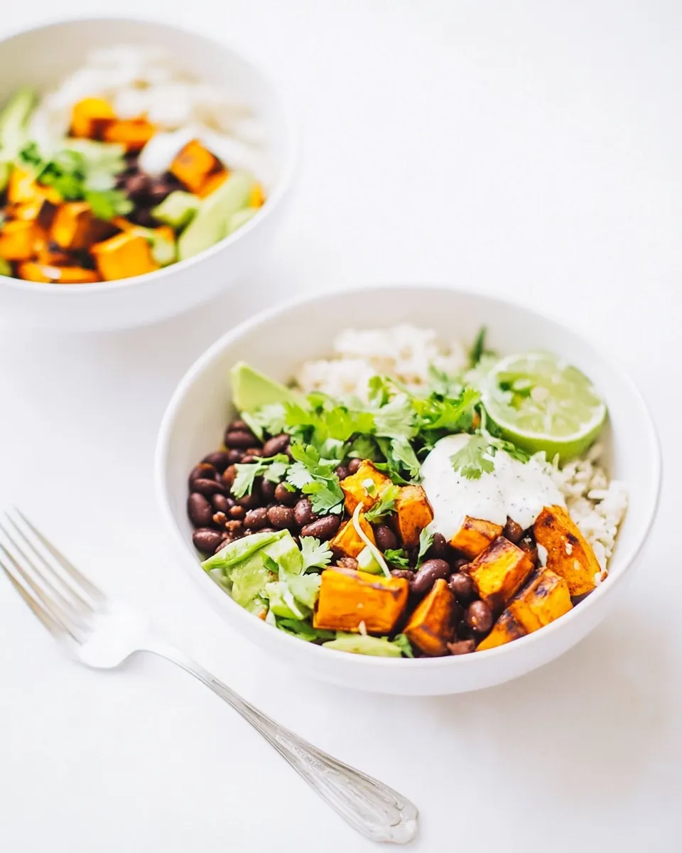 Grilled Sweet Potato Burrito Bowls with Black Beans Cumin Garlic Sauce