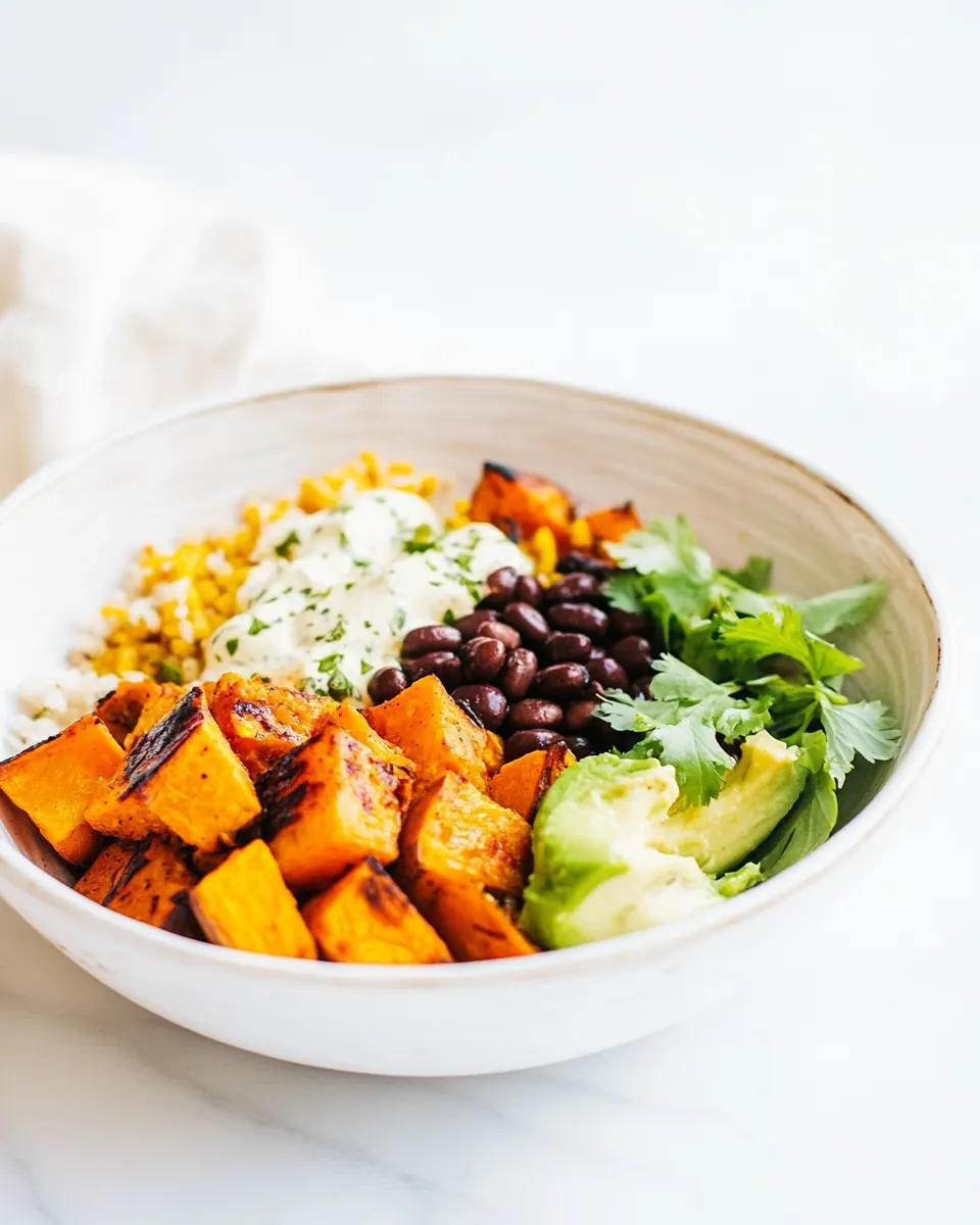 Grilled Sweet Potato Burrito Bowls with Black Beans Cumin Garlic Sauce