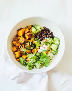 Grilled Sweet Potato Burrito Bowls with Black Beans Cumin Garlic Sauce