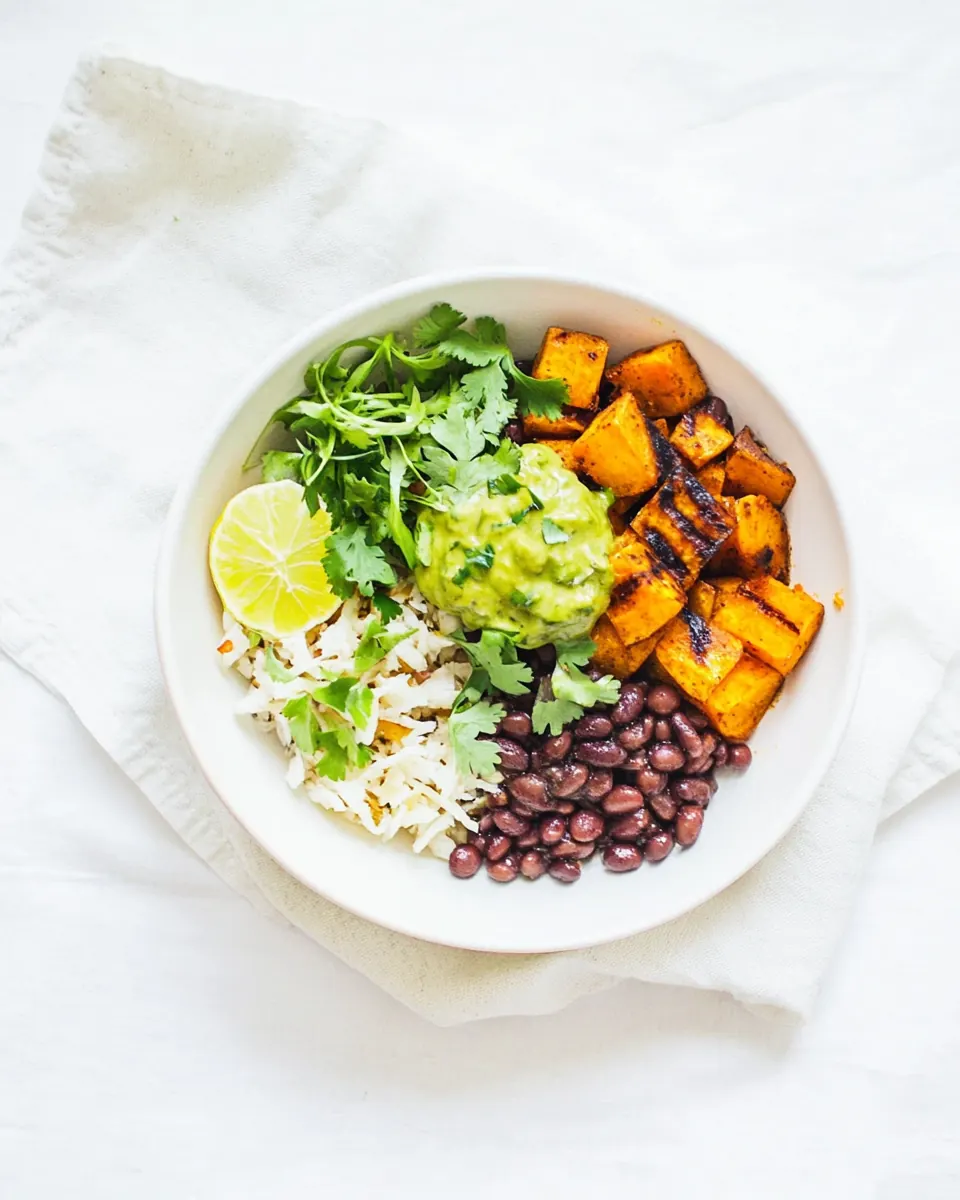 Grilled Sweet Potato Burrito Bowls with Black Beans Cumin Garlic Sauce