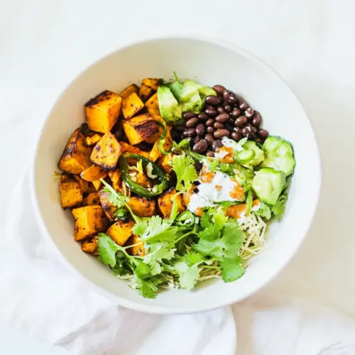 Grilled Sweet Potato Burrito Bowls with Black Beans Cumin Garlic Sauce
