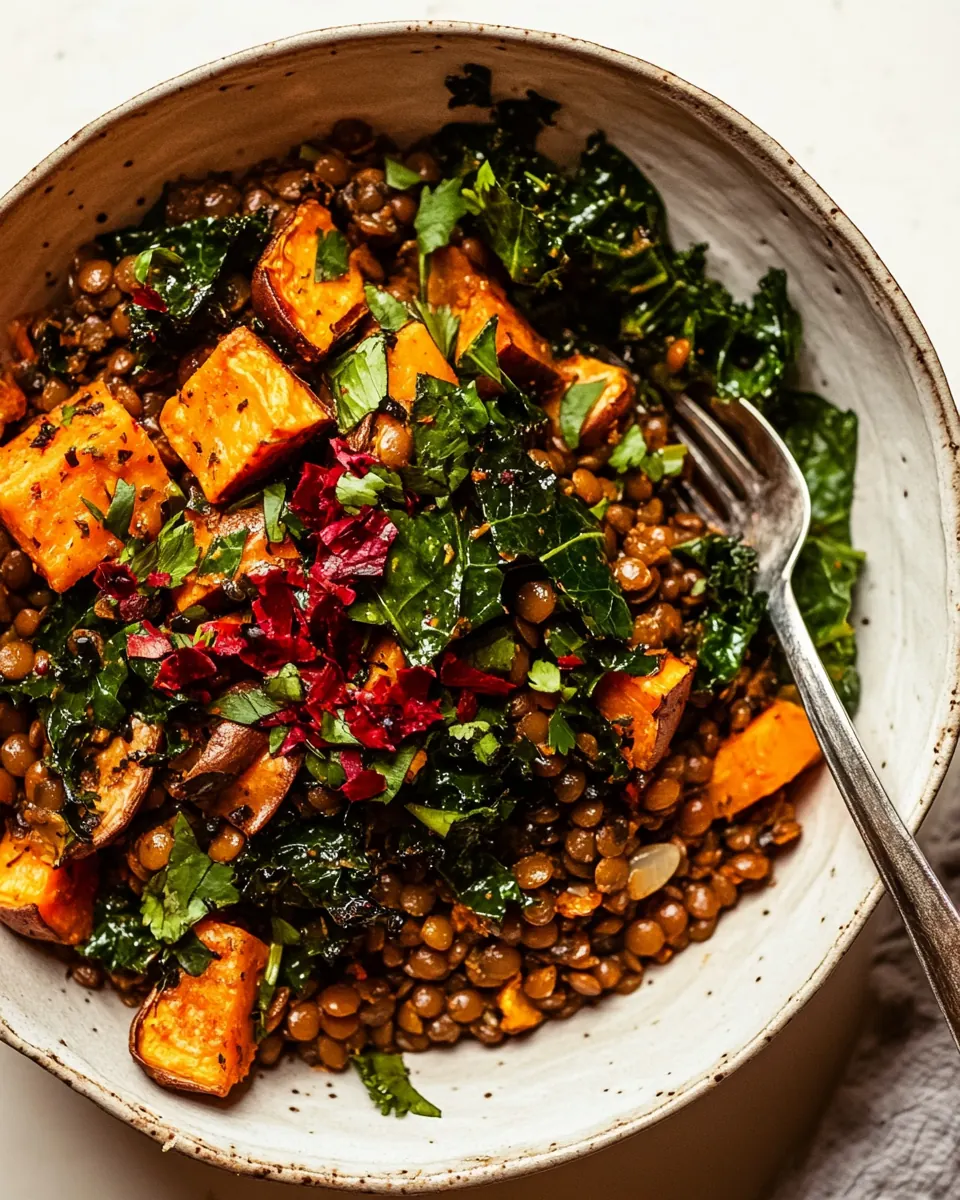 Harissa Coconut Lentils with Kale and Roasted Sweet Potatoes