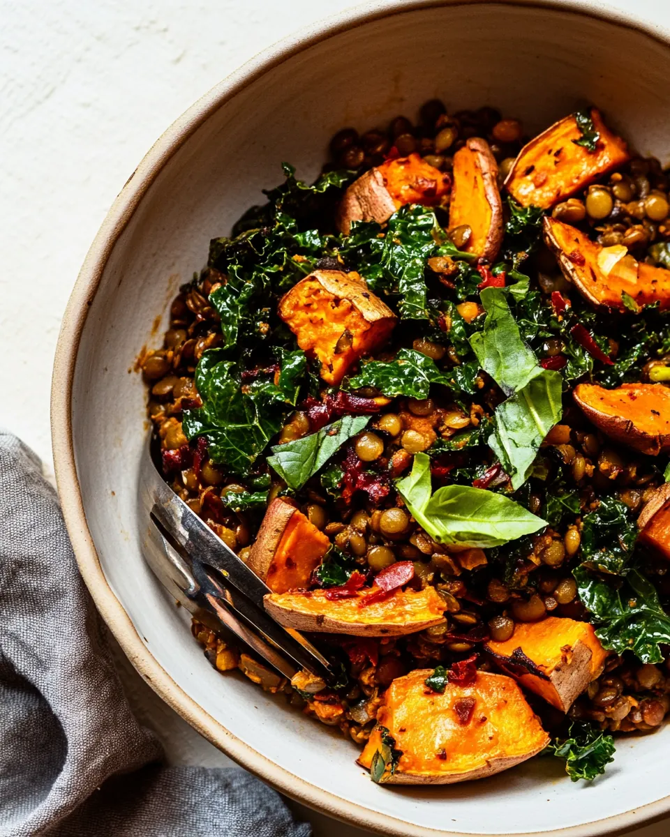 Harissa Coconut Lentils with Kale and Roasted Sweet Potatoes