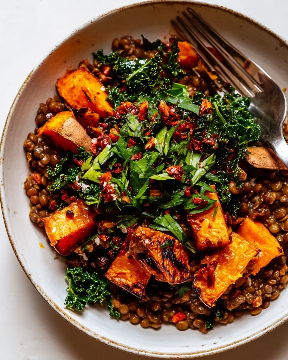 Harissa Coconut Lentils with Kale and Roasted Sweet Potatoes