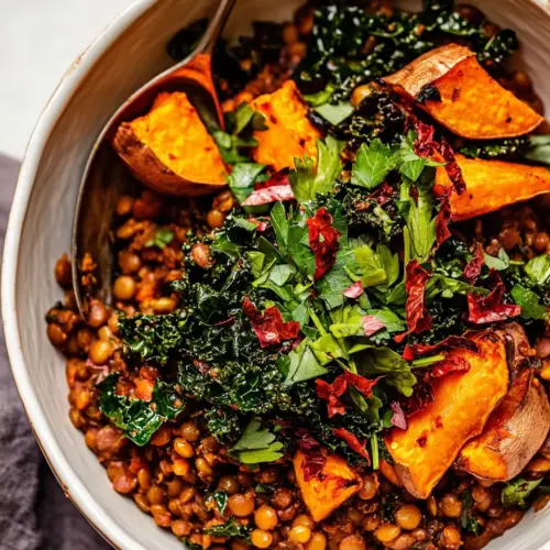Harissa Coconut Lentils with Kale and Roasted Sweet Potatoes