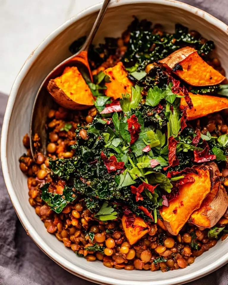 Harissa Coconut Lentils with Kale and Roasted Sweet Potatoes