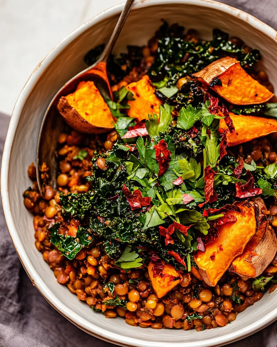 Harissa Coconut Lentils with Kale and Roasted Sweet Potatoes