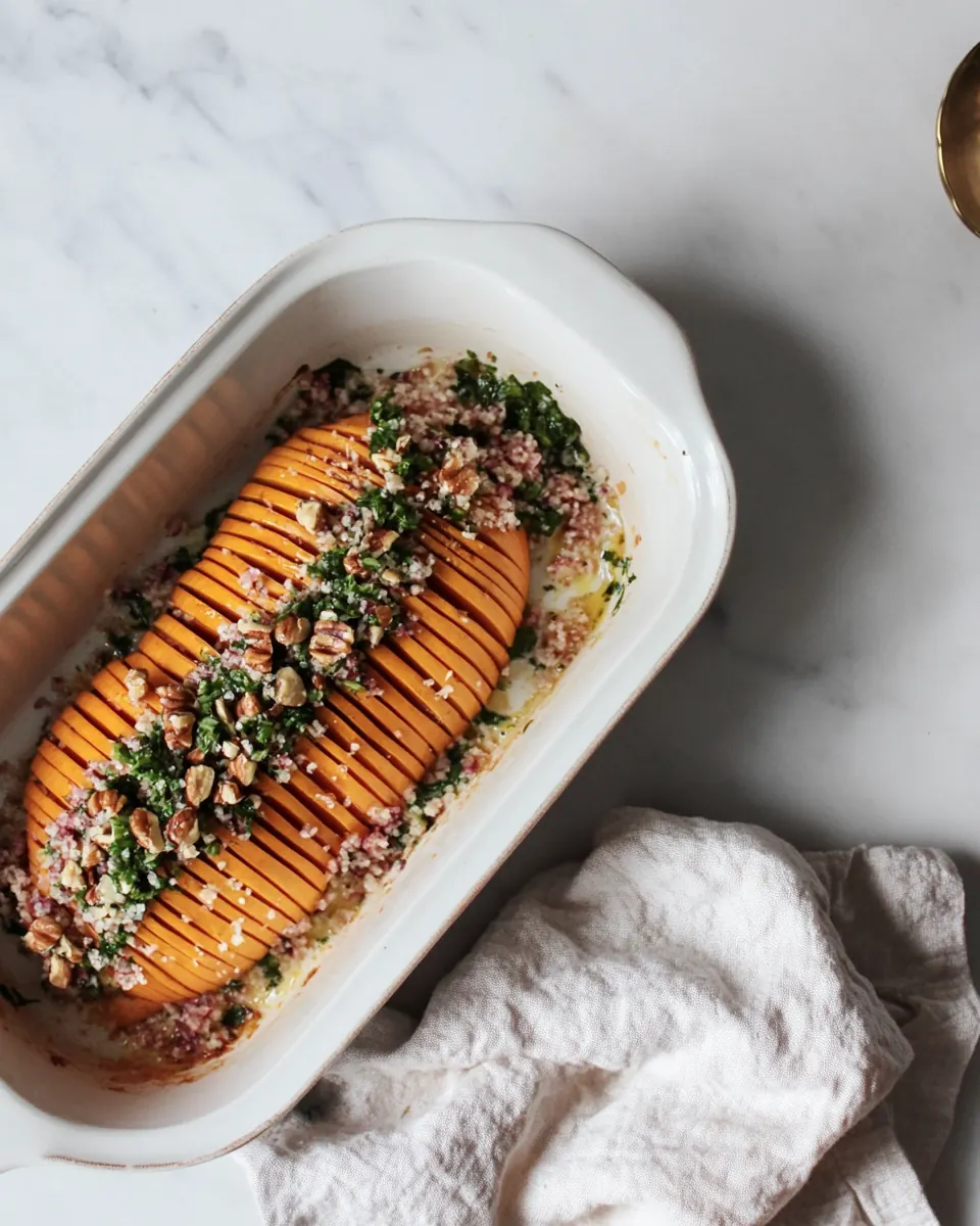 Hasselback Butternut Squash with Walnut Gremolata