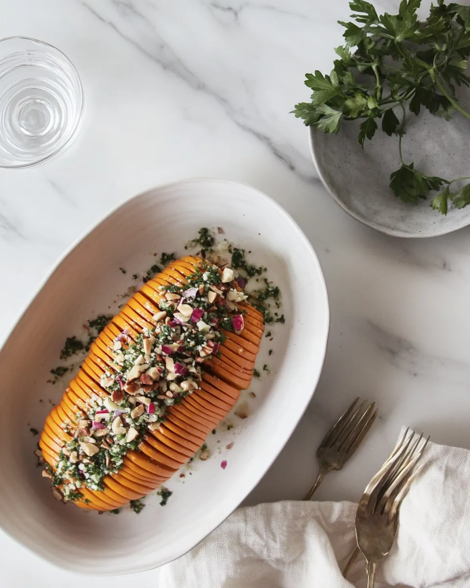 Hasselback Butternut Squash with Walnut Gremolata