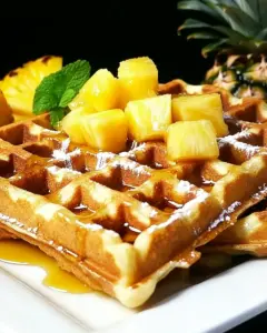 Hawaiian Waffles with Pineapple Coconut Syrup