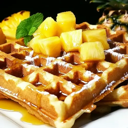 Hawaiian Waffles with Pineapple Coconut Syrup