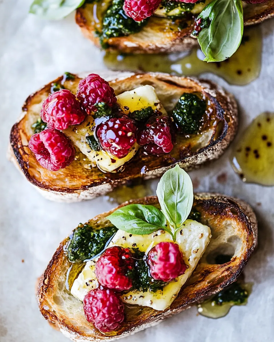 Honey Raspberry Brie Crostini with Basil Oil