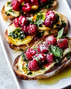 Honey Raspberry Brie Crostini with Basil Oil