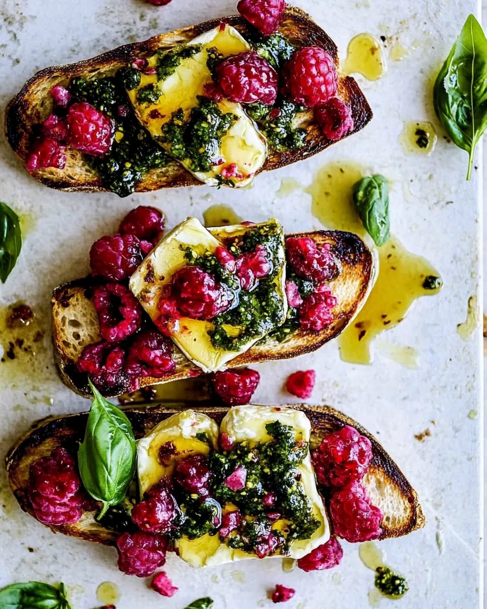 Honey Raspberry Brie Crostini with Basil Oil