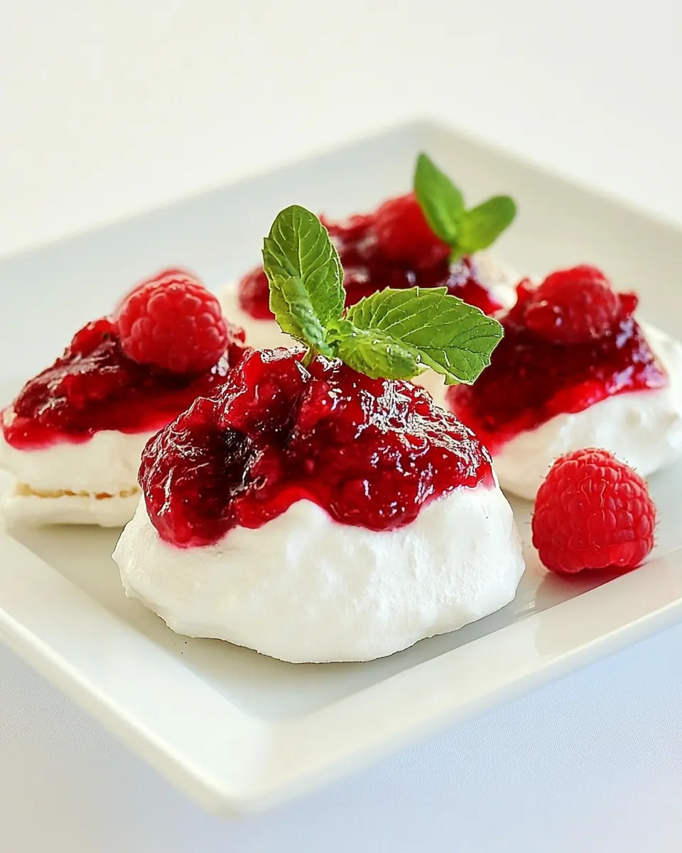 Individual Pavlovas with Cream Cheese Whipped Cream and Raspberry Sauce
