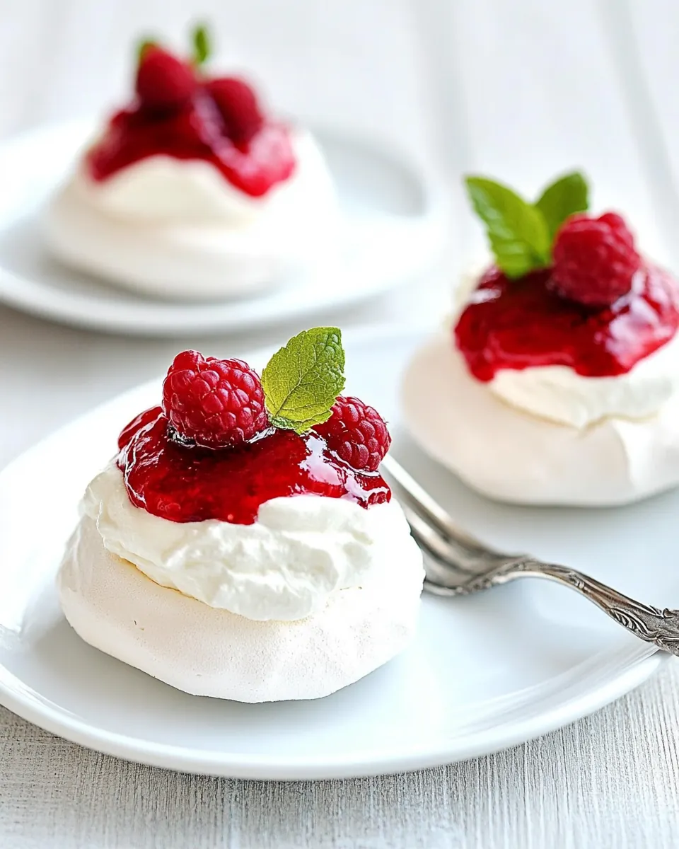 Individual Pavlovas with Cream Cheese Whipped Cream and Raspberry Sauce