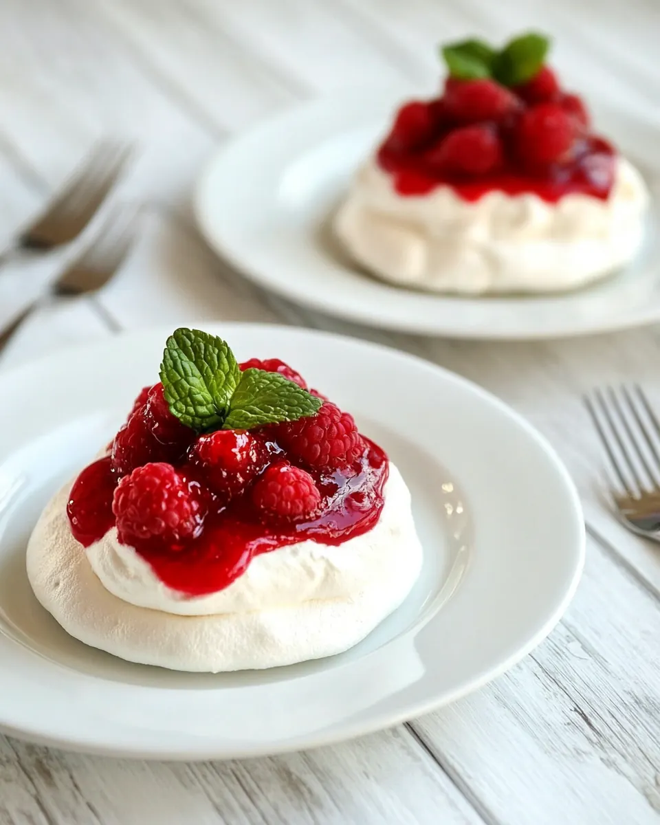 Individual Pavlovas with Cream Cheese Whipped Cream and Raspberry Sauce