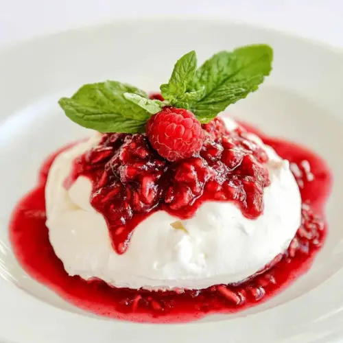 Individual Pavlovas with Cream Cheese Whipped Cream and Raspberry Sauce