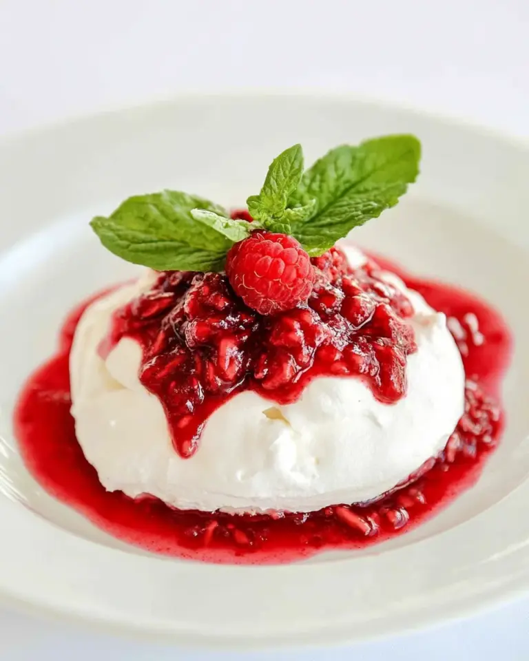 Individual Pavlovas with Cream Cheese Whipped Cream and Raspberry Sauce