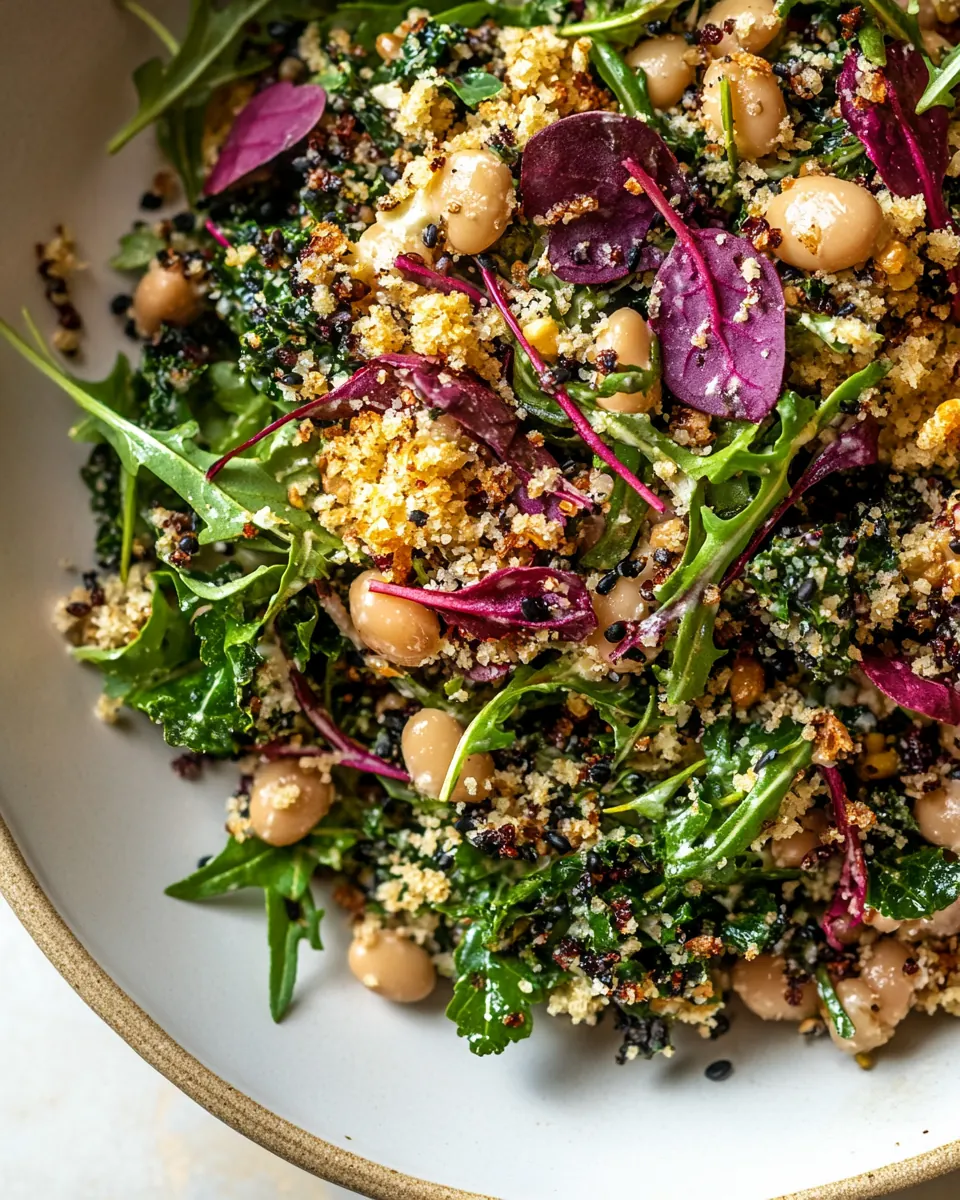 Kale Arugula Butter Bean Salad with Mustard Tahini and Garlicky Bread Crumbs