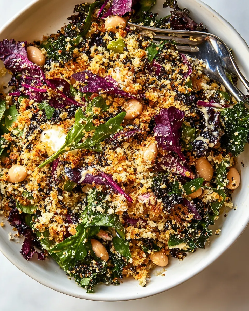 Kale Arugula Butter Bean Salad with Mustard Tahini and Garlicky Bread Crumbs