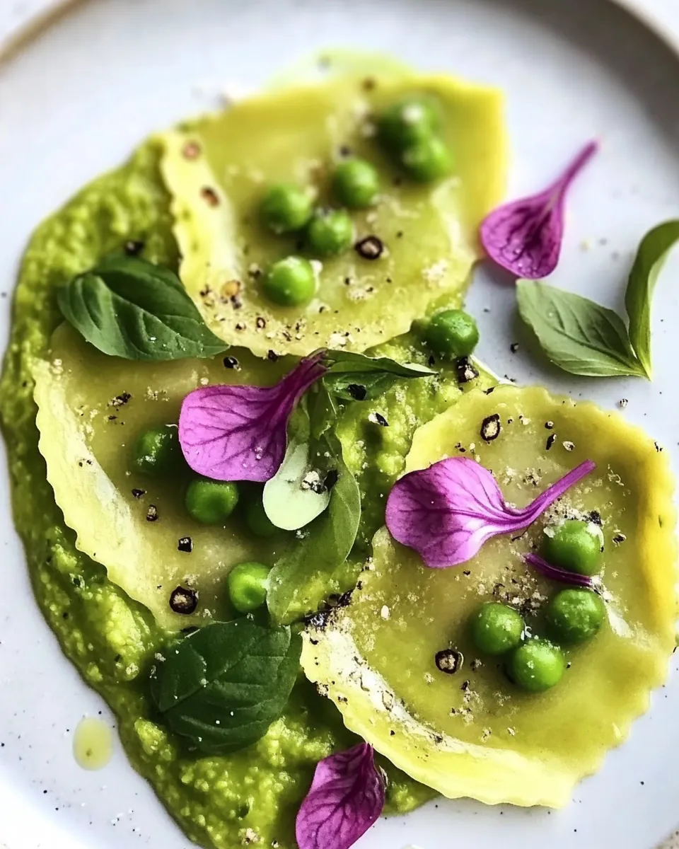 Kohlrabi Ravioli Stuffed with Avocado Cream and Pea Puree