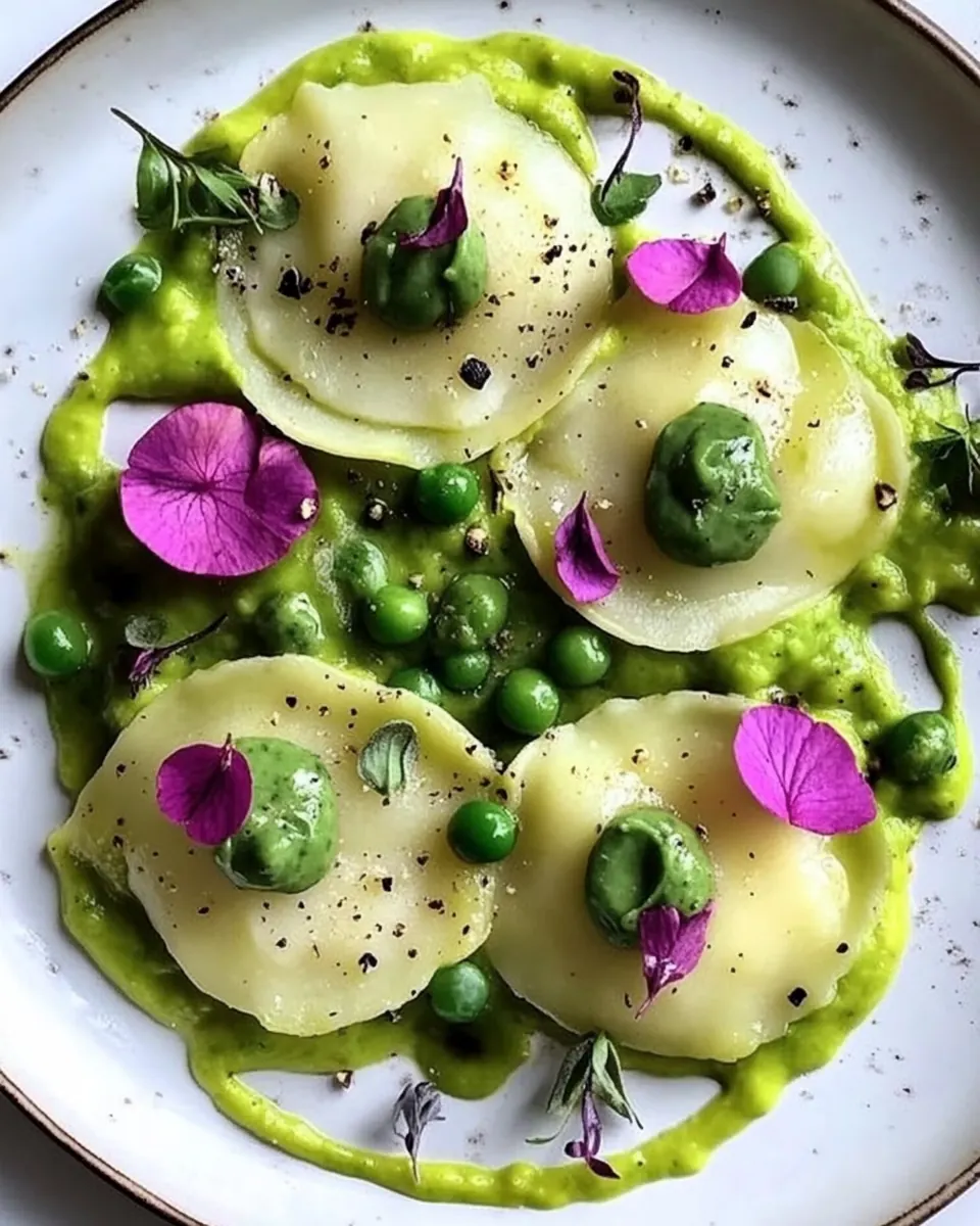 Kohlrabi Ravioli Stuffed with Avocado Cream and Pea Puree