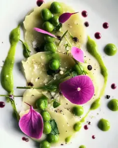 Kohlrabi Ravioli Stuffed with Avocado Cream and Pea Puree