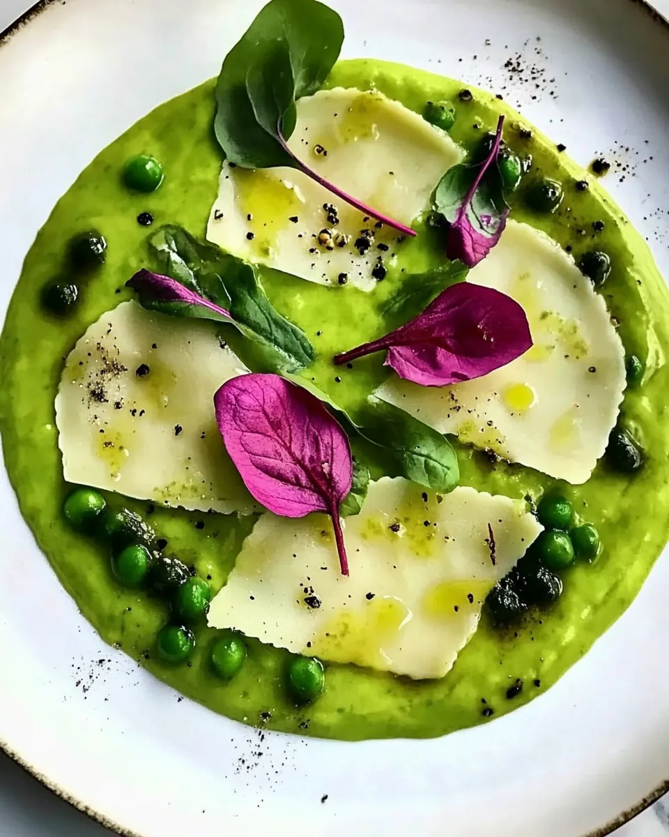 Kohlrabi Ravioli Stuffed with Avocado Cream and Pea Puree