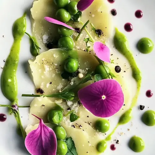 Kohlrabi Ravioli Stuffed with Avocado Cream and Pea Puree