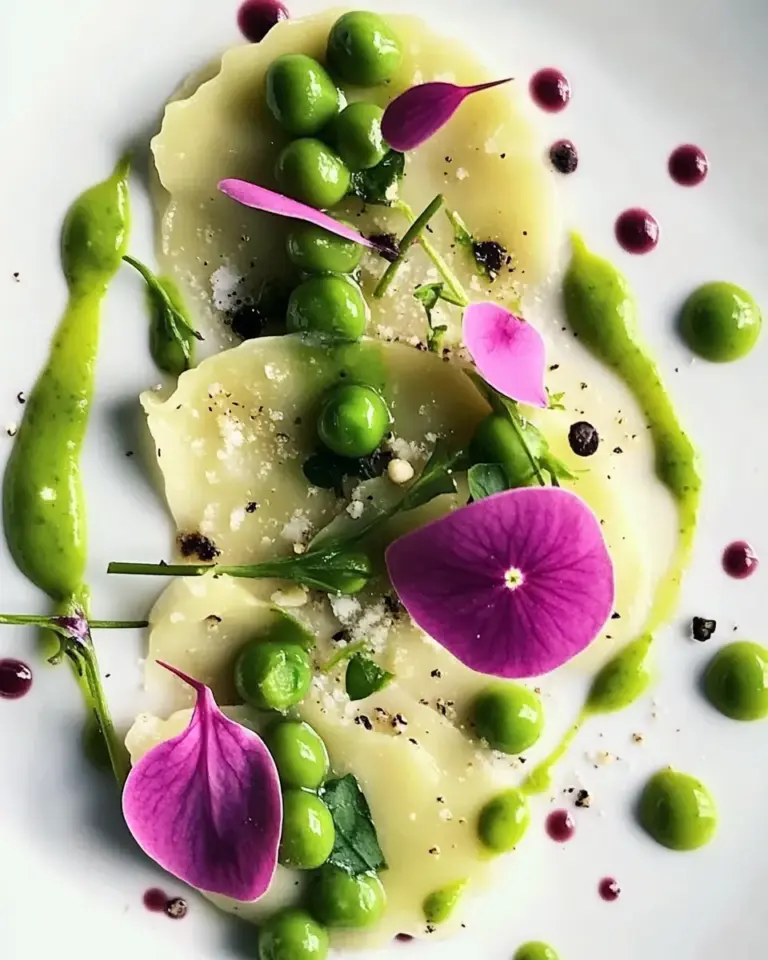 Kohlrabi Ravioli Stuffed with Avocado Cream and Pea Puree