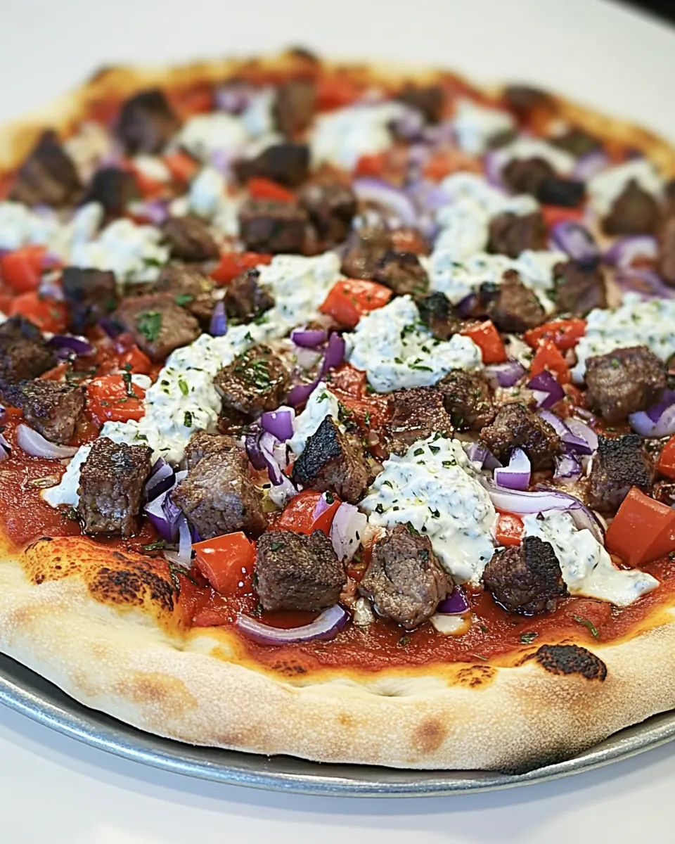Lamb Souvlaki Pizza with Tzatziki Sauce