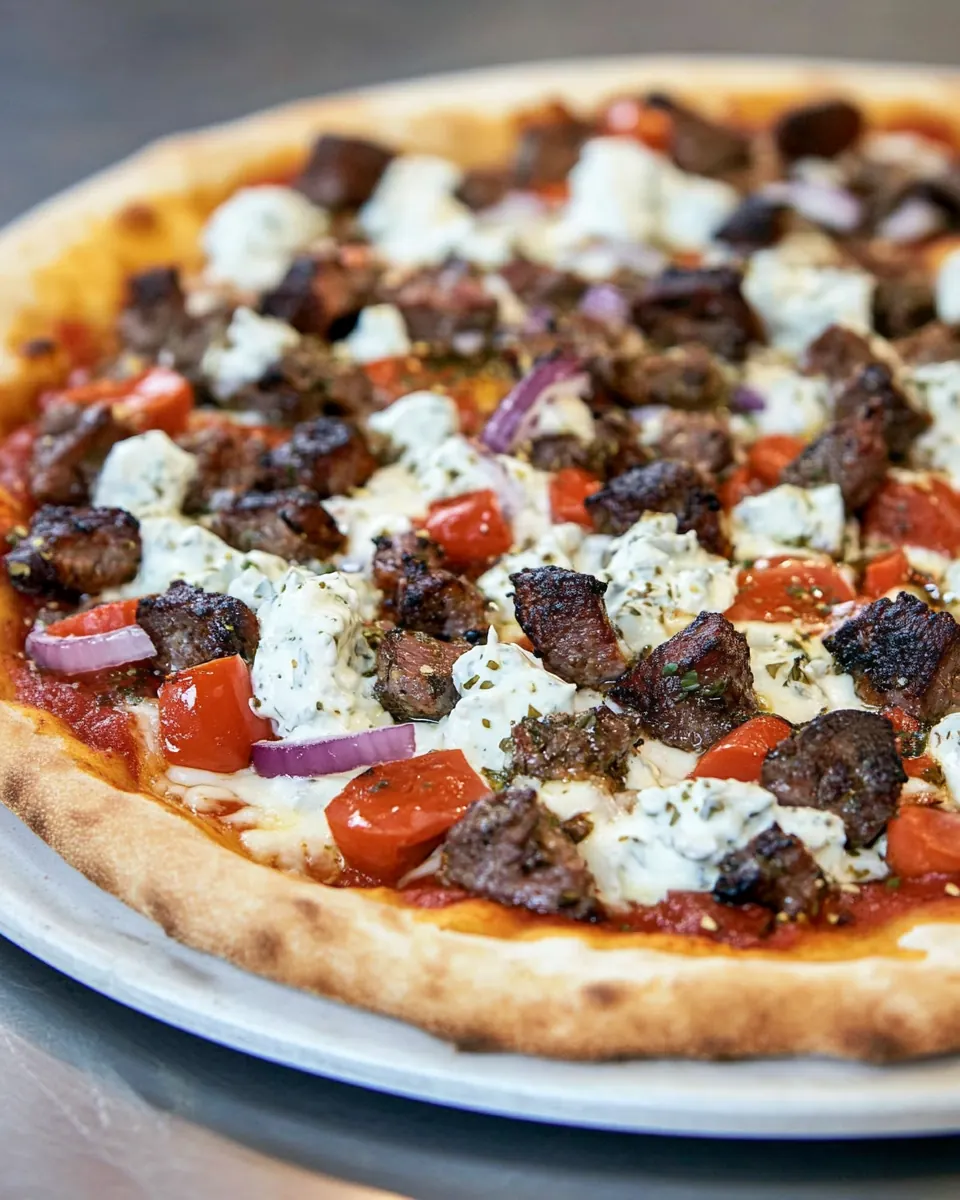 Lamb Souvlaki Pizza with Tzatziki Sauce