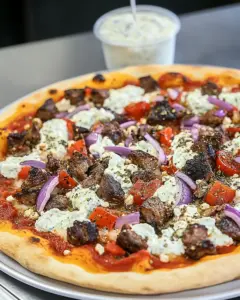 Lamb Souvlaki Pizza with Tzatziki Sauce