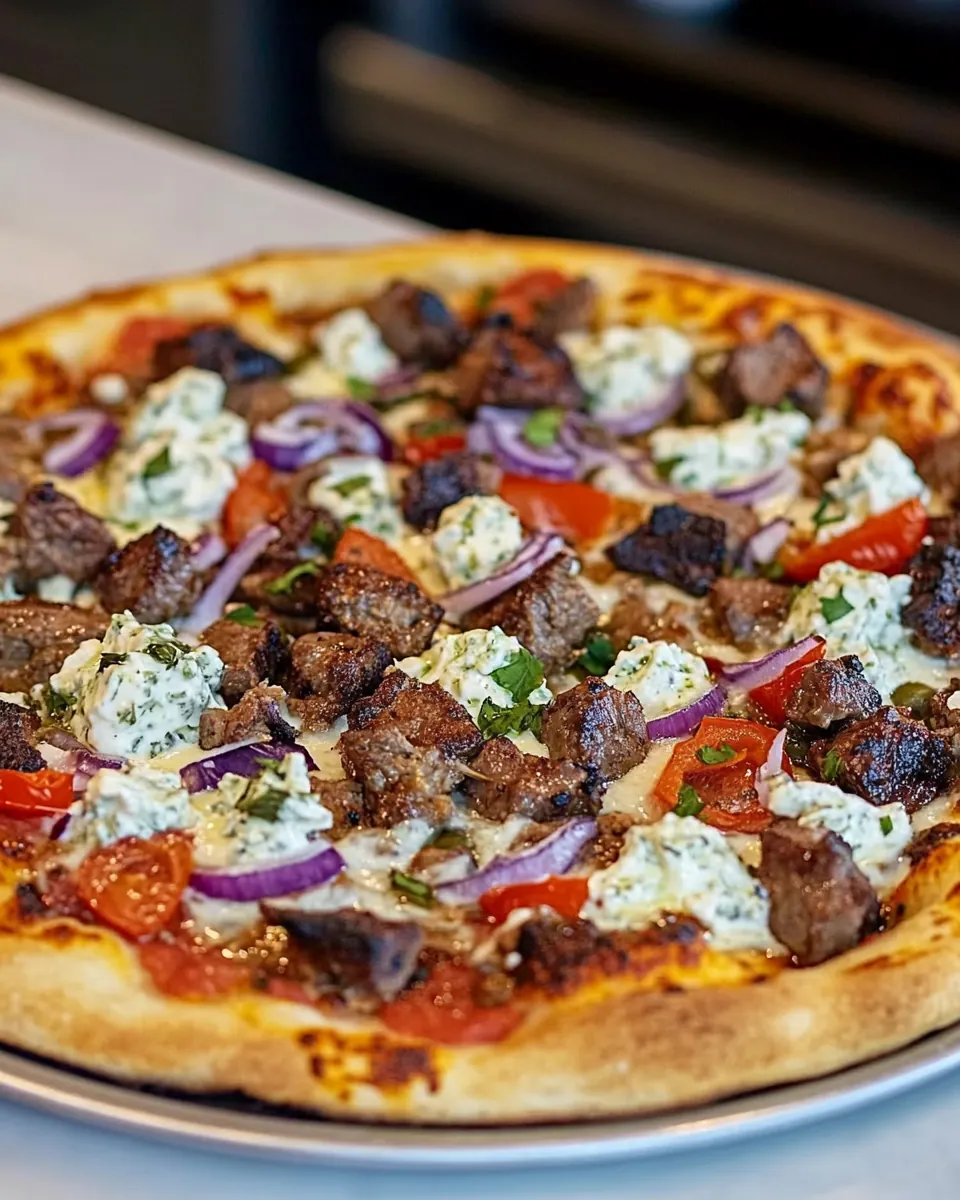 Lamb Souvlaki Pizza with Tzatziki Sauce