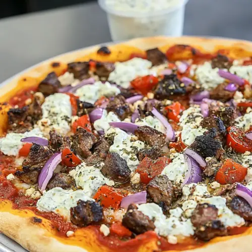 Lamb Souvlaki Pizza with Tzatziki Sauce