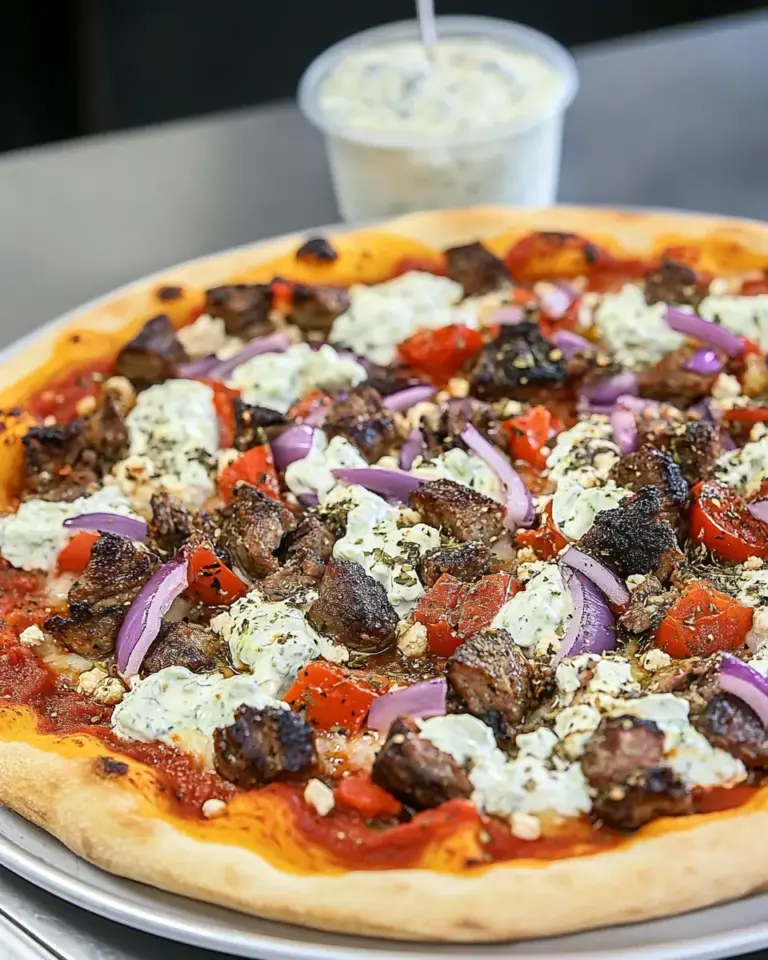 Lamb Souvlaki Pizza with Tzatziki Sauce