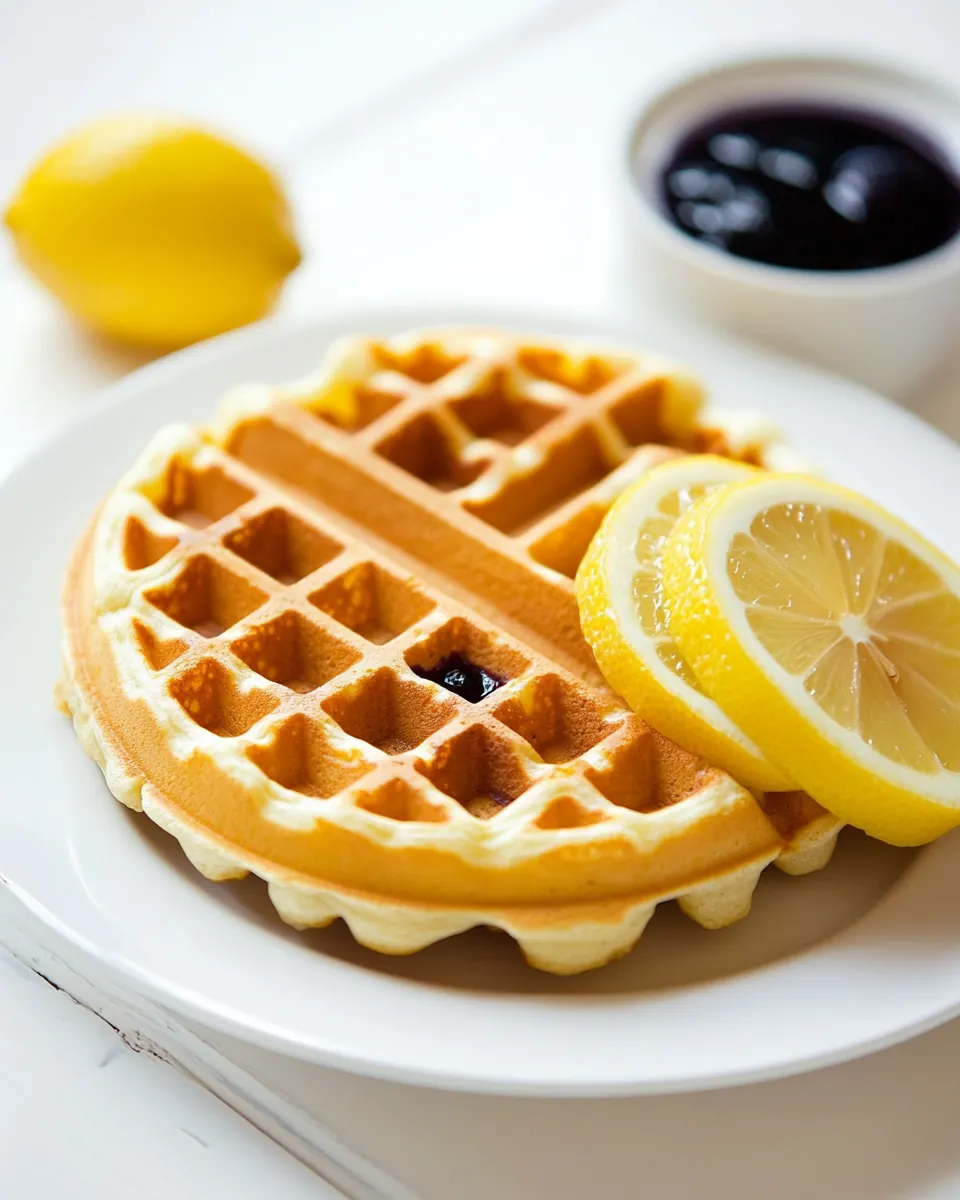 Lemon Belgian Waffles with Blueberry Syrup