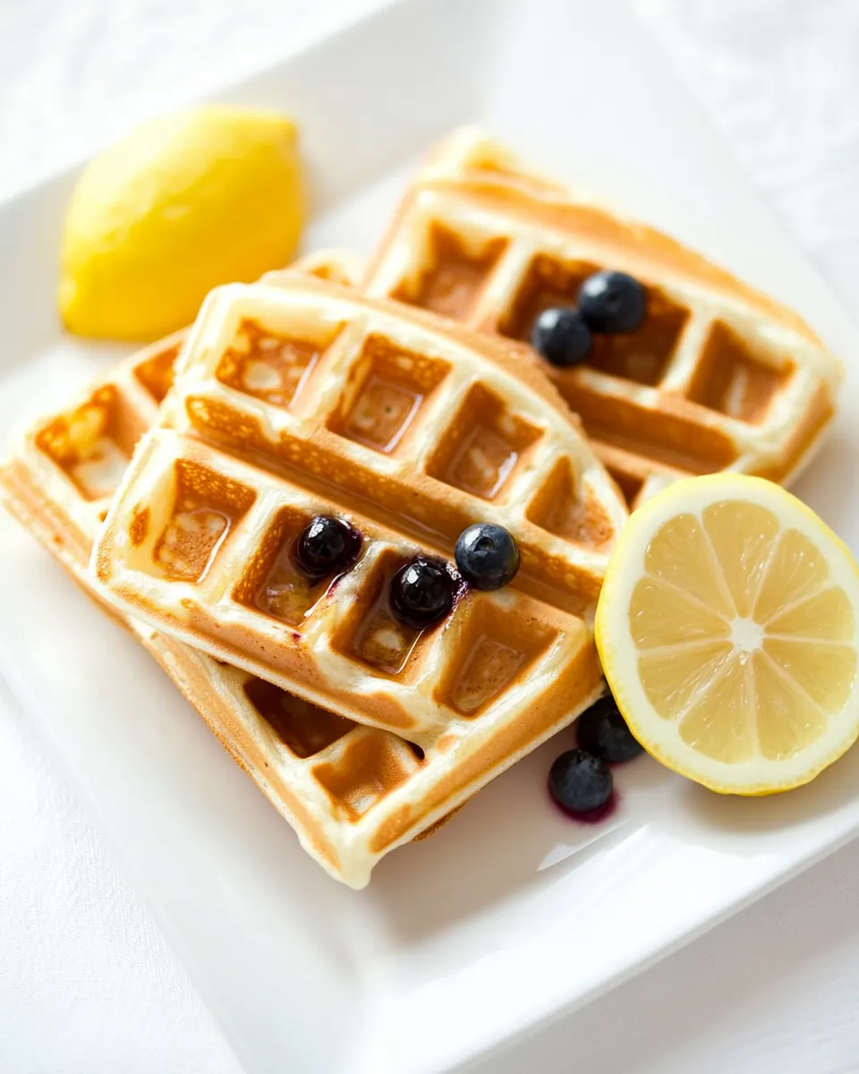 Lemon Belgian Waffles with Blueberry Syrup