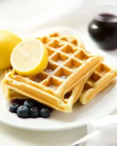 Lemon Belgian Waffles with Blueberry Syrup